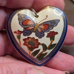 Heart-Shaped Cloisonne Pendant with Butterfly Design
